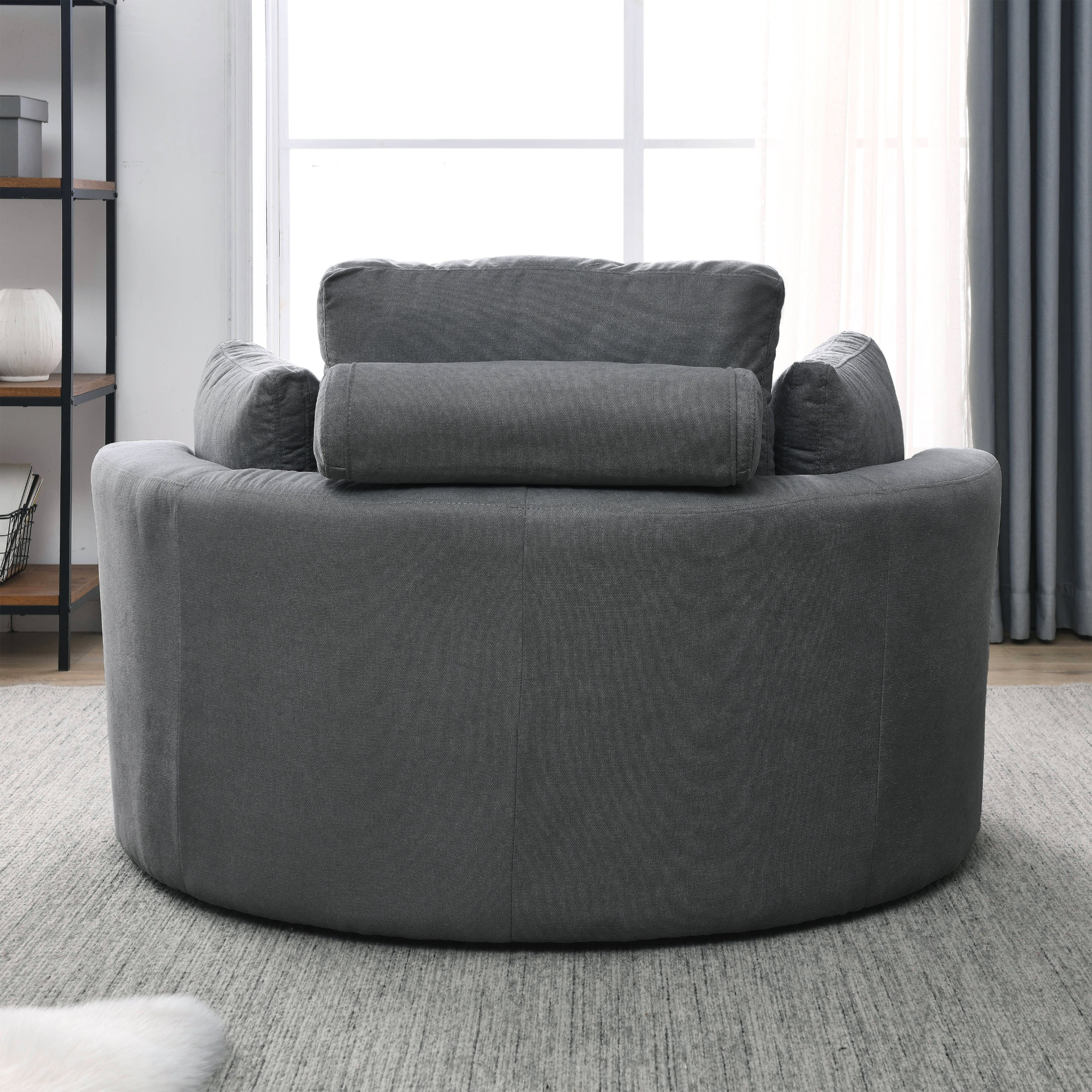 Spin & Stow Grey Linen Barrel Swivel Chair with Storage Ottoman (Set of 2)