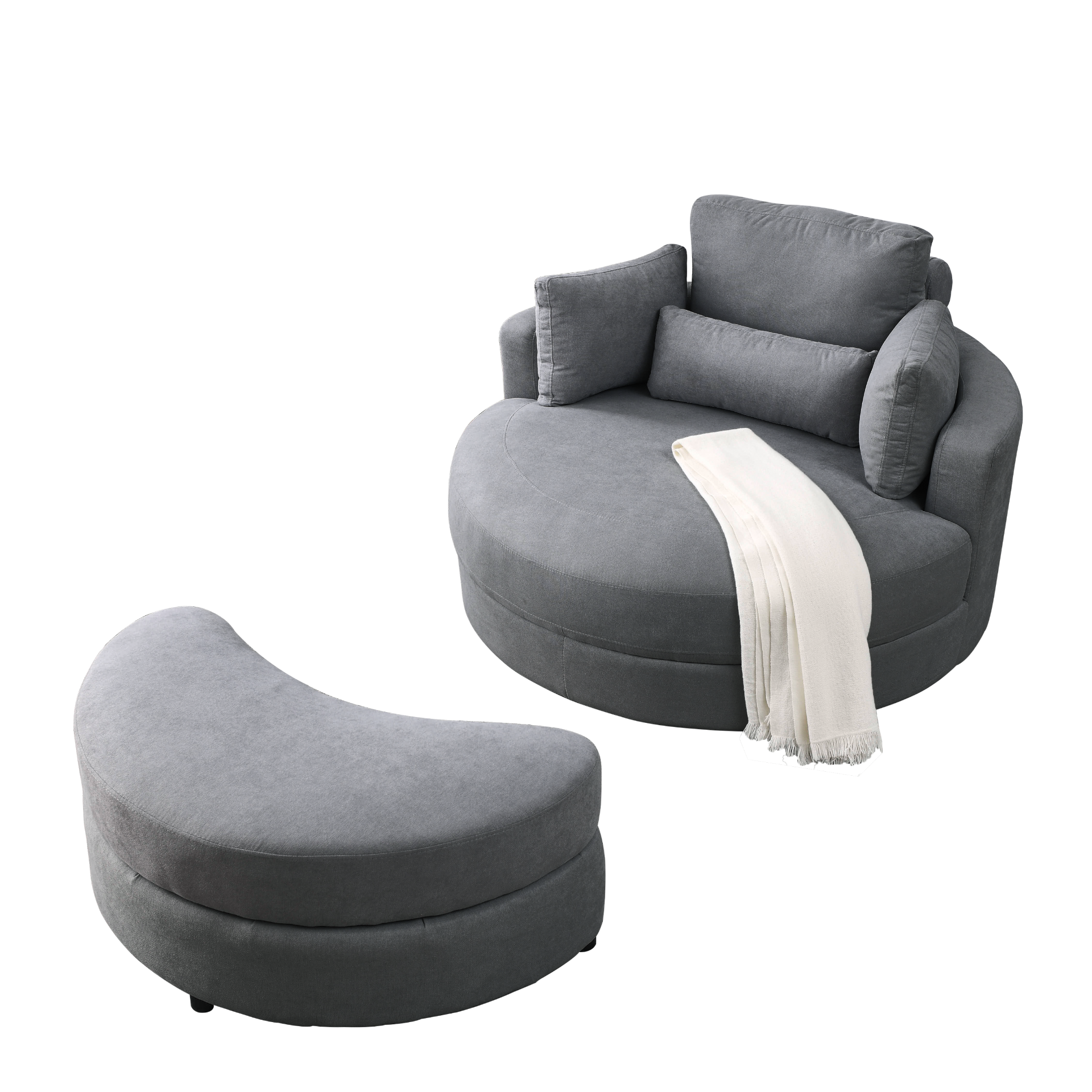 Spin & Stow Grey Linen Barrel Swivel Chair with Storage Ottoman (Set of 2)