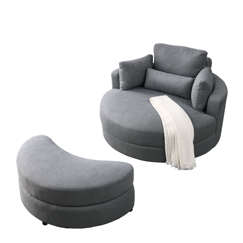 Spin & Stow Grey Linen Barrel Swivel Chair with Storage Ottoman (Set of 2)