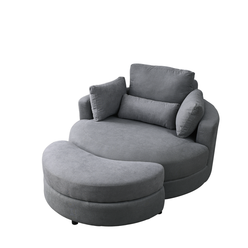 Spin & Stow Grey Linen Barrel Swivel Chair with Storage Ottoman (Set of 2)
