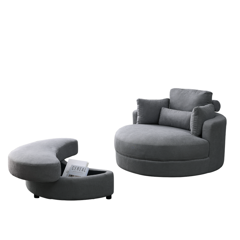 Spin & Stow Grey Linen Barrel Swivel Chair with Storage Ottoman (Set of 2)