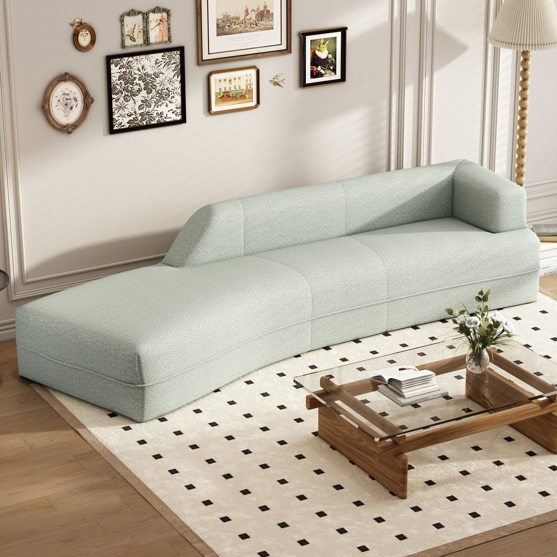 Seafoam Green Curved Boucle Chaise Lounge Sofa