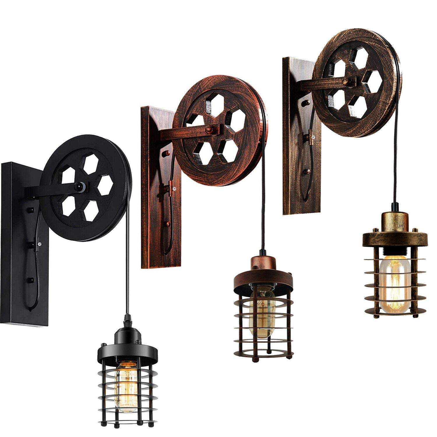 Industrial Wall Mounted Pulley Wheel Light Retro Metal Cylinder Shape Shade Indoor Light Fixture