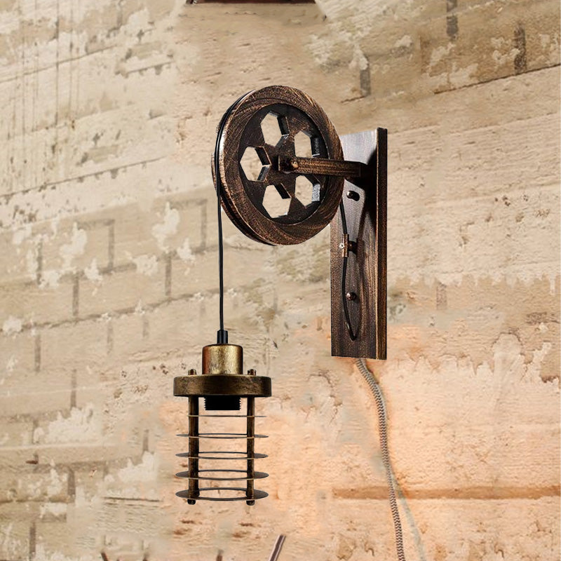 Industrial Wall Mounted Pulley Wheel Light Retro Metal Cylinder Shape Shade Indoor Light Fixture