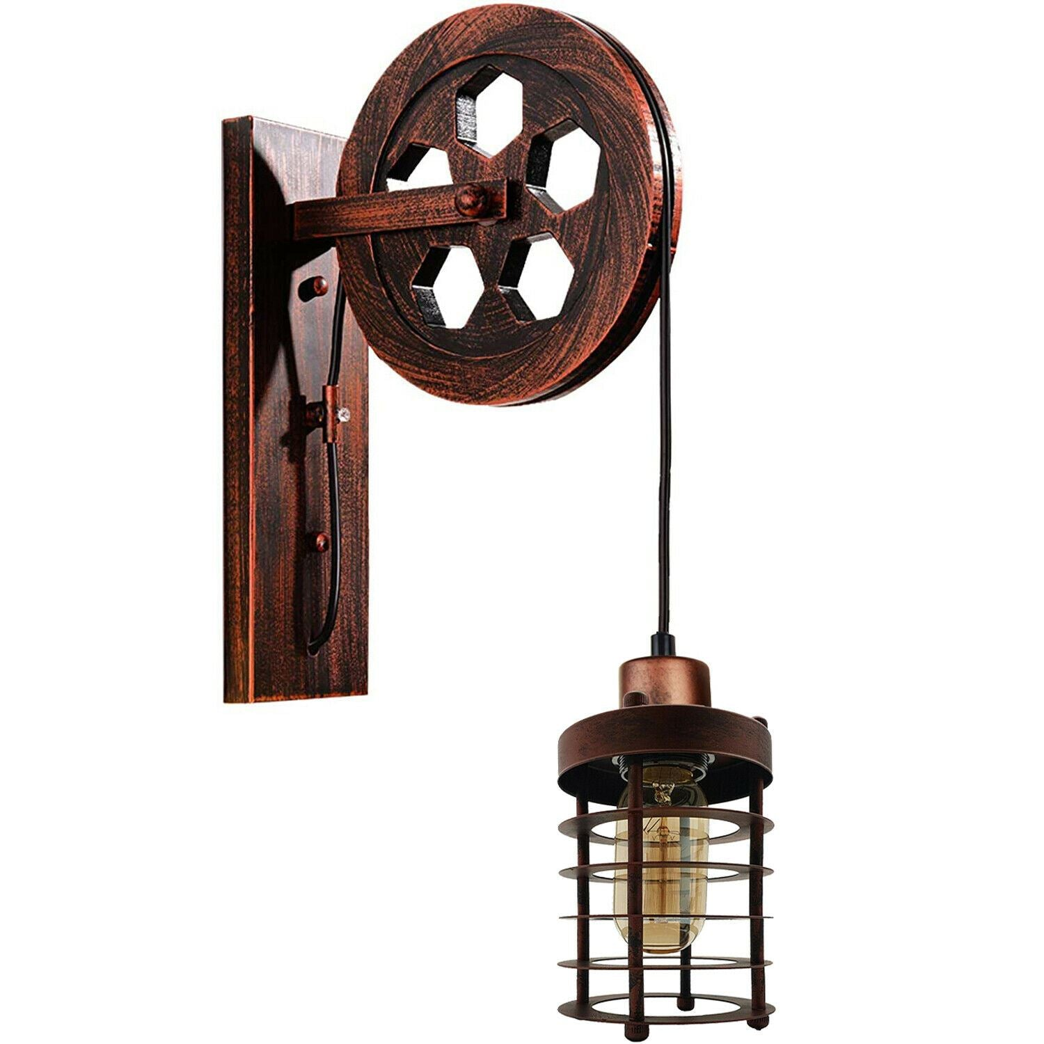 Industrial Wall Mounted Pulley Wheel Light Retro Metal Cylinder Shape Shade Indoor Light Fixture