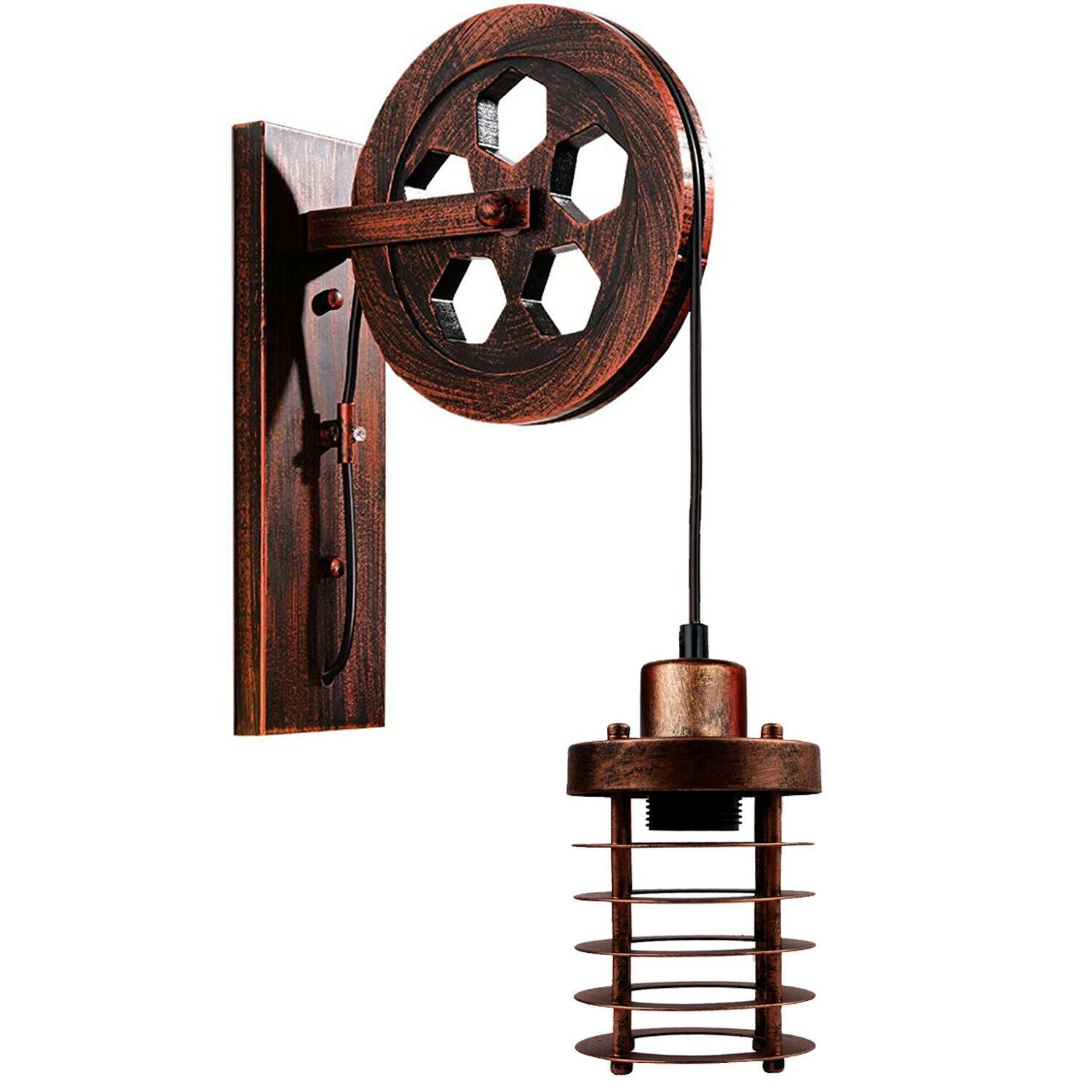 Industrial Wall Mounted Pulley Wheel Light Retro Metal Cylinder Shape Shade Indoor Light Fixture