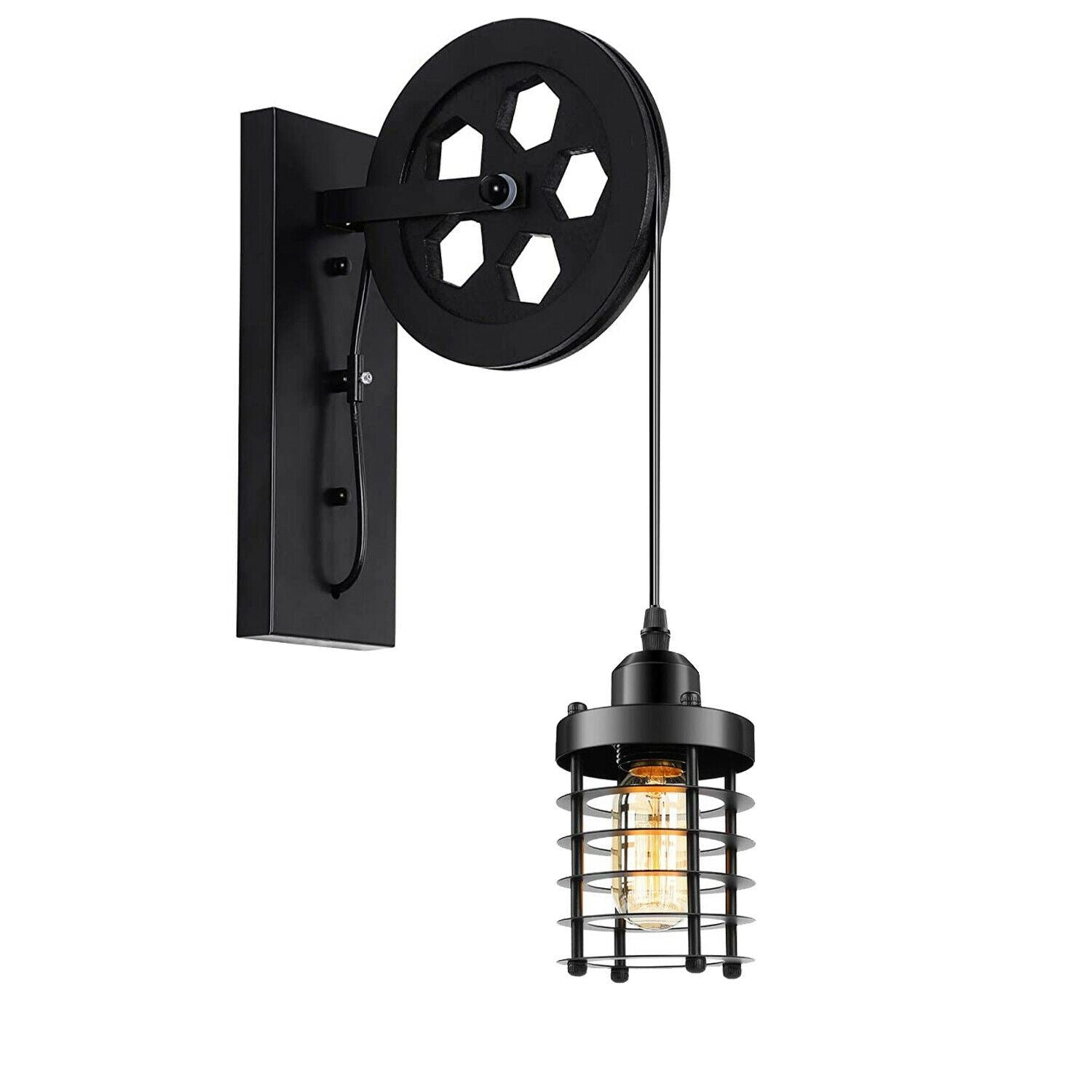 Industrial Wall Mounted Pulley Wheel Light Retro Metal Cylinder Shape Shade Indoor Light Fixture