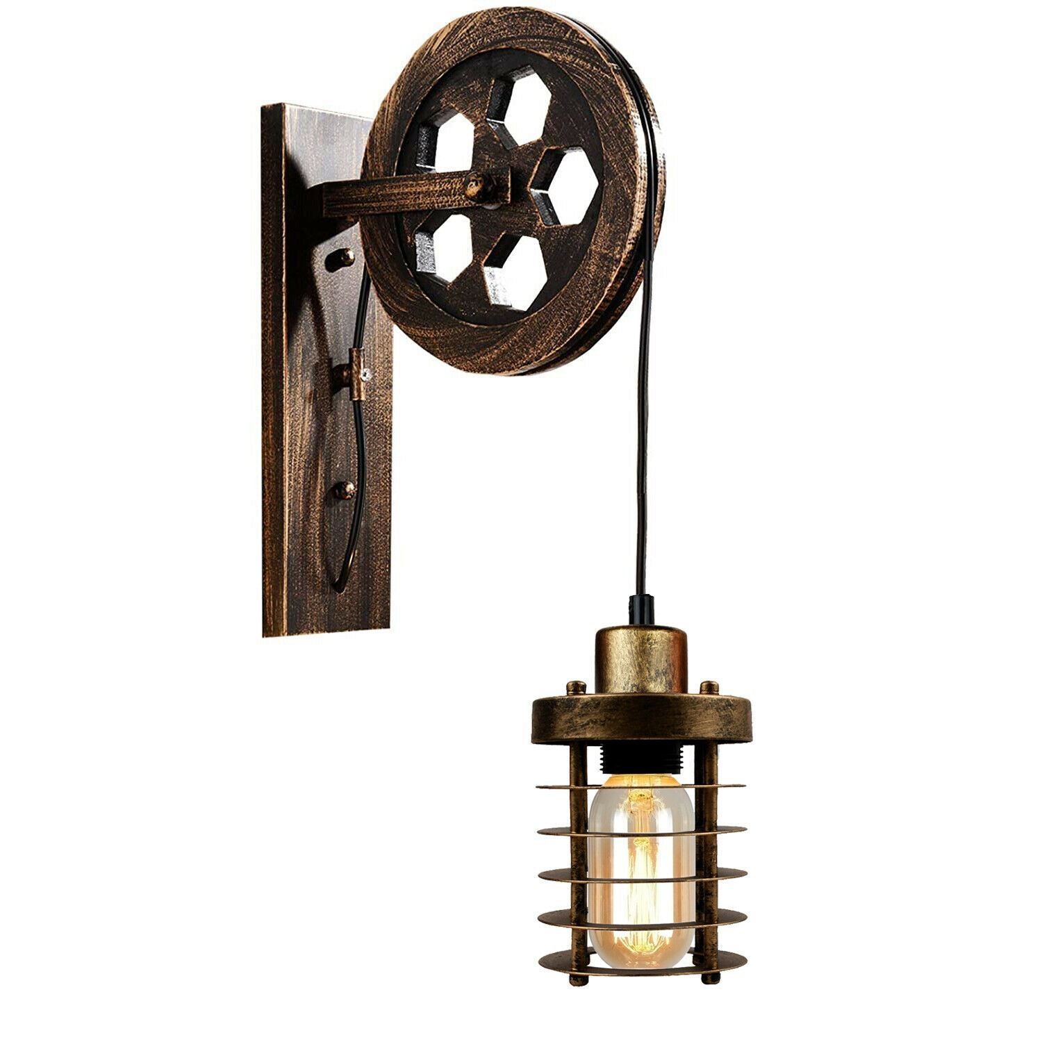 Industrial Wall Mounted Pulley Wheel Light Retro Metal Cylinder Shape Shade Indoor Light Fixture