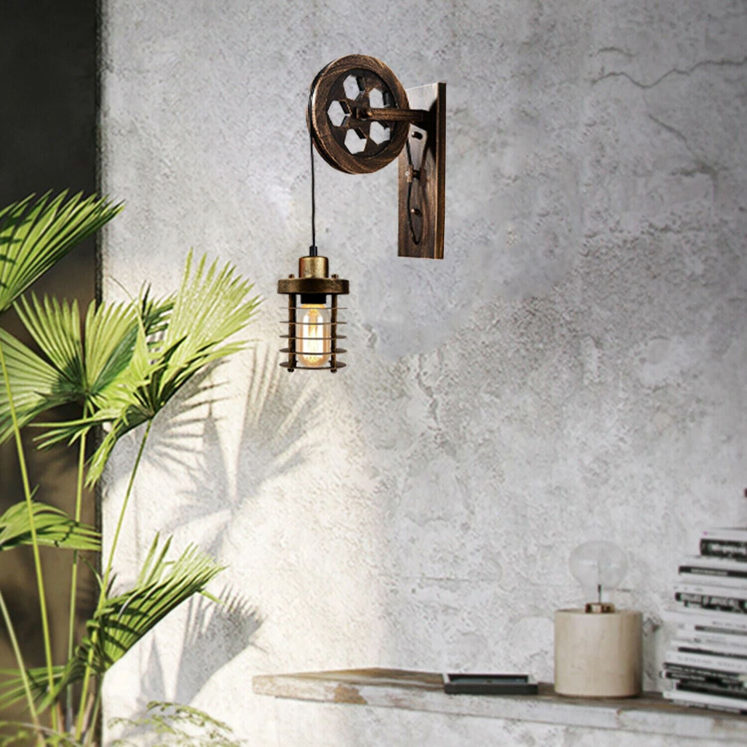 Industrial Wall Mounted Pulley Wheel Light Retro Metal Cylinder Shape Shade Indoor Light Fixture