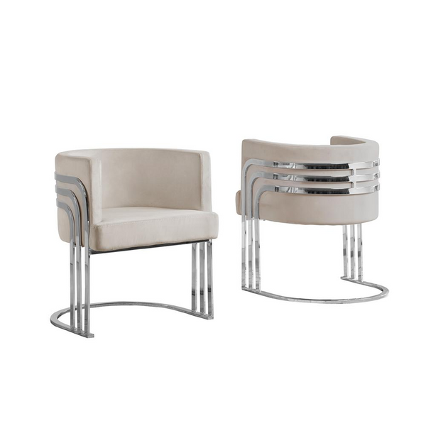 Arched Elegance Beige Velvet Barrel Accent Chair with Silver Base