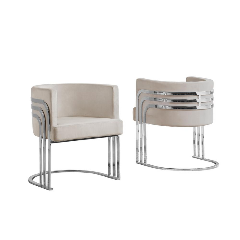 Arched Elegance Beige Velvet Barrel Accent Chair with Silver Base