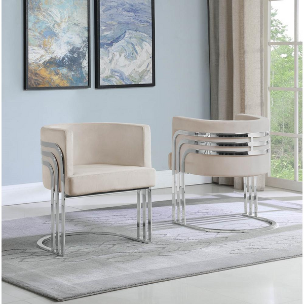 Arched Elegance Beige Velvet Barrel Accent Chair with Silver Base