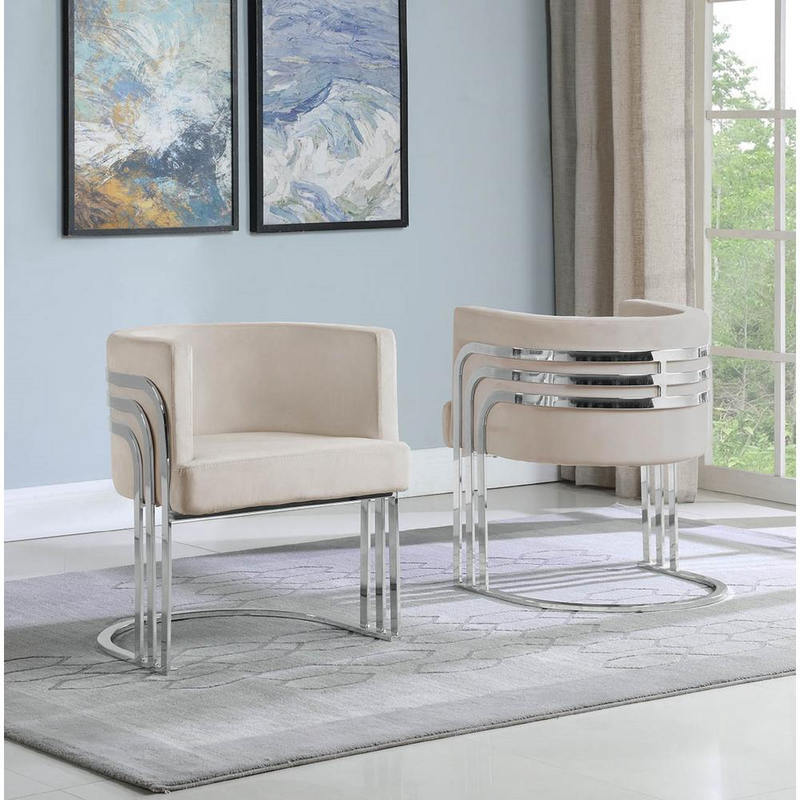 Arched Elegance Beige Velvet Barrel Accent Chair with Silver Base