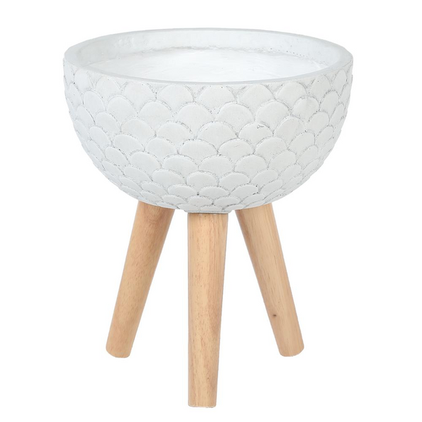 LuxenHome Scallop Embossed White 12.2 in. Round MgO Planter with Wood Legs