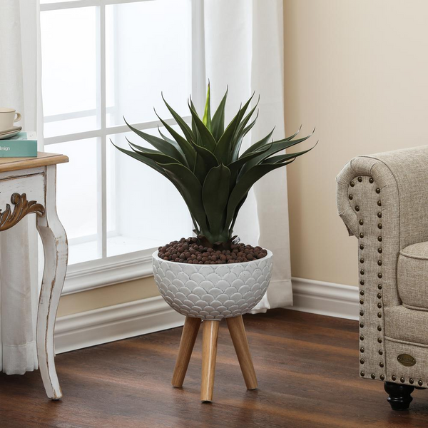 LuxenHome Scallop Embossed White 12.2 in. Round MgO Planter with Wood Legs
