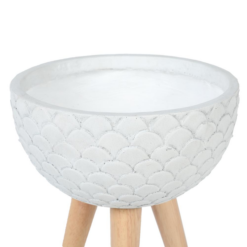 LuxenHome Scallop Embossed White 12.2 in. Round MgO Planter with Wood Legs