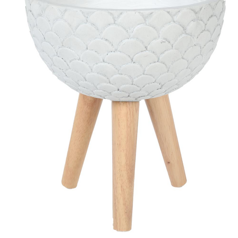 LuxenHome Scallop Embossed White 12.2 in. Round MgO Planter with Wood Legs