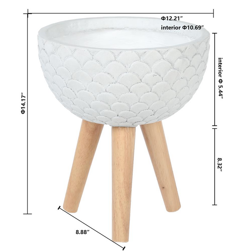 LuxenHome Scallop Embossed White 12.2 in. Round MgO Planter with Wood Legs