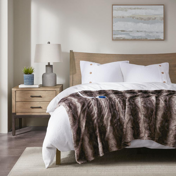LuxeWarm Rich Brown Oversized Faux Fur Heated Throw