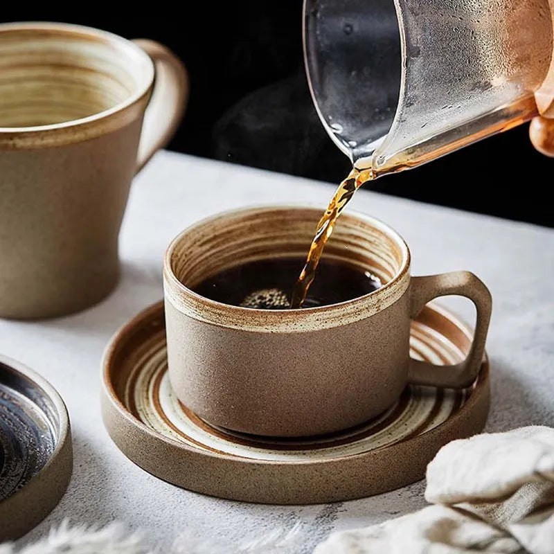 Retro Pottery Coffee Cup Set Creative Handmade Ceramic  Cups With Dish Milk Water Mug Breakfast Mugs Home Tableware Wholesale