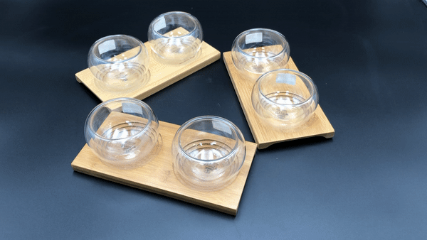 WILMAX Bamboo Double Trays (Set of 3) w/ 6 Double Walled Thermo Bowls