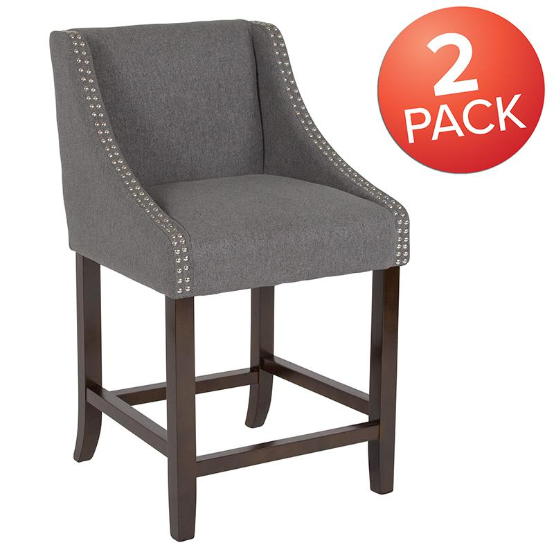 Carmel Series 24" High Transitional Walnut Counter Height Stool with Nail Trim in Dark Gray Fabric, Set of 2