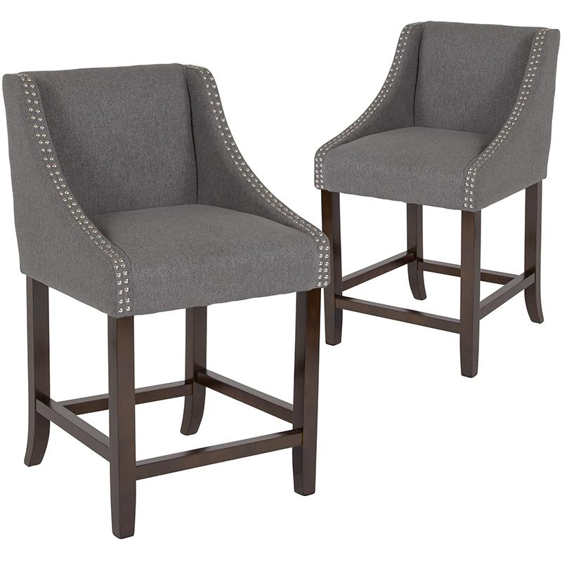 Carmel Series 24" High Transitional Walnut Counter Height Stool with Nail Trim in Dark Gray Fabric, Set of 2