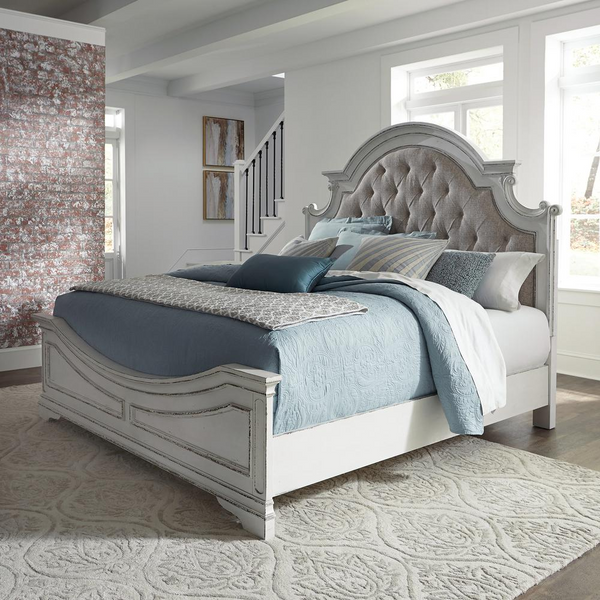 Queen Upholstered Bed, Antique White Finish
