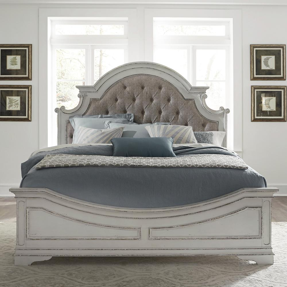 Queen Upholstered Bed, Antique White Finish
