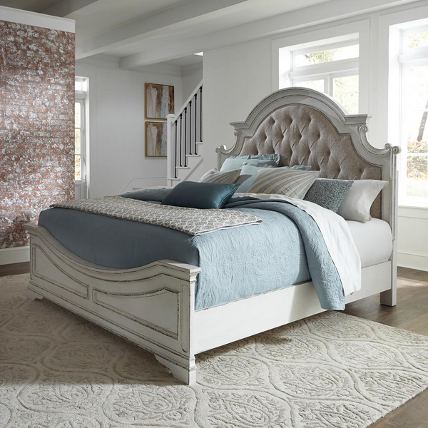 King Upholstered Bed, Antique White Finish