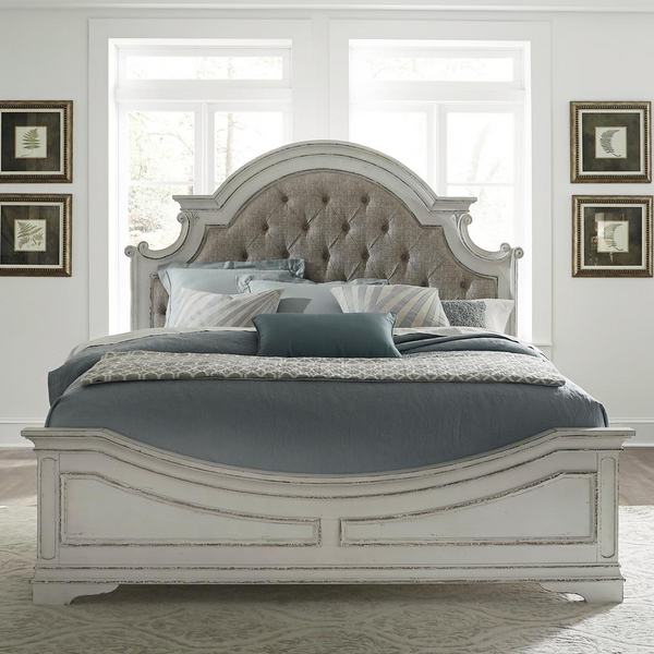 King Upholstered Bed, Antique White Finish