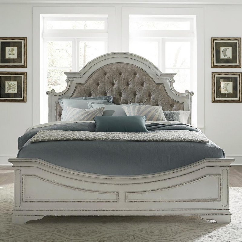 King Upholstered Bed, Antique White Finish