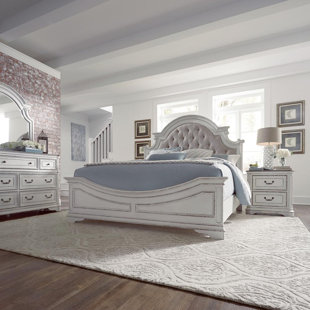 King Upholstered Bed, Antique White Finish