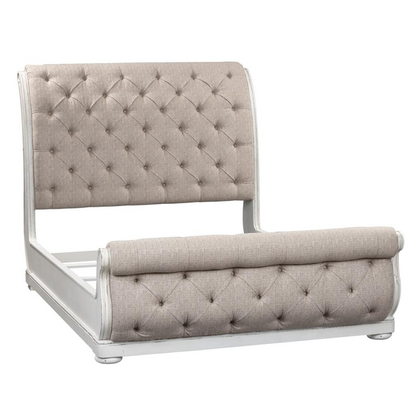 Queen Uph Sleigh Bed, Antique White Finish