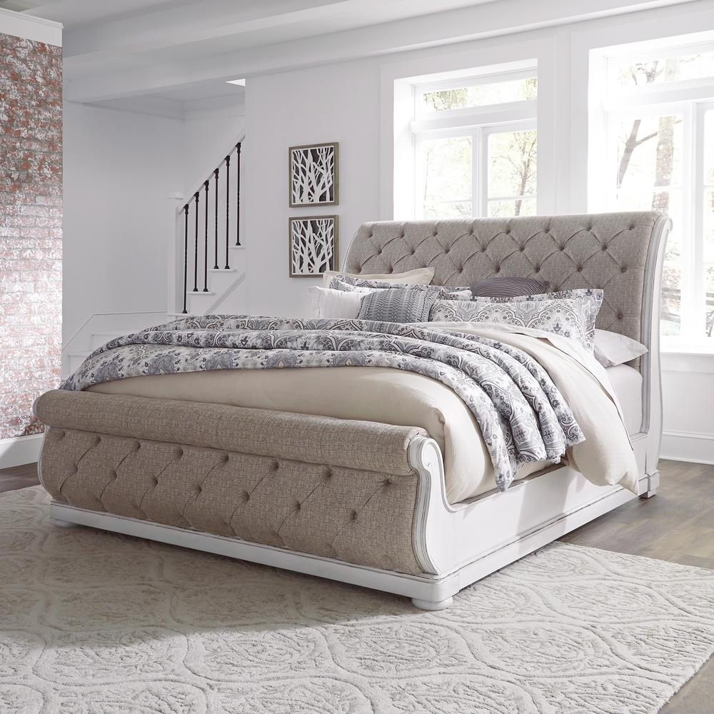 Queen Uph Sleigh Bed, Antique White Finish