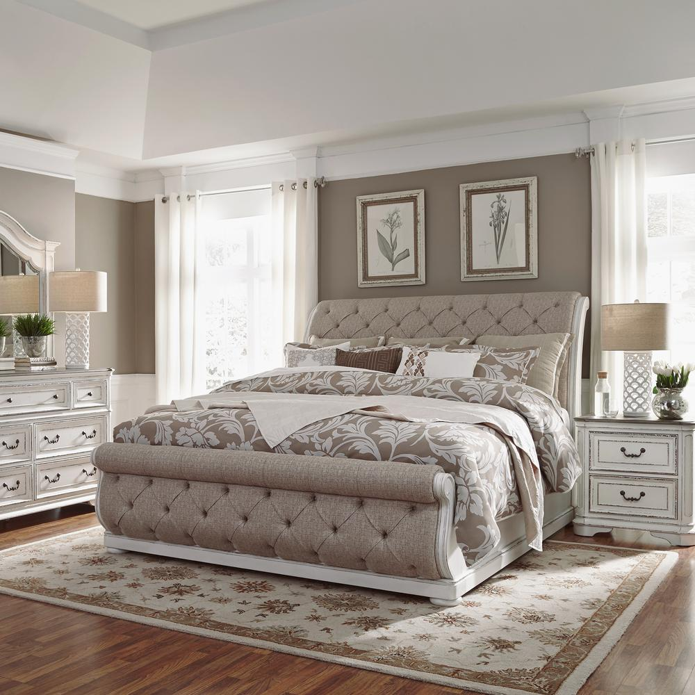 Queen Uph Sleigh Bed, Antique White Finish