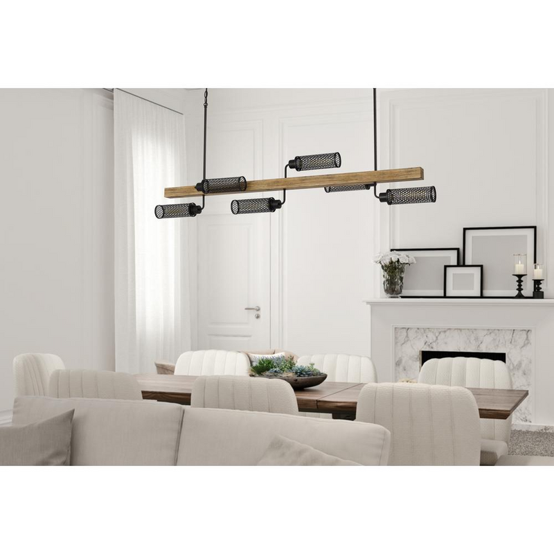 60W x 6 Lenox pine wood island chandelier with metal mesh shades