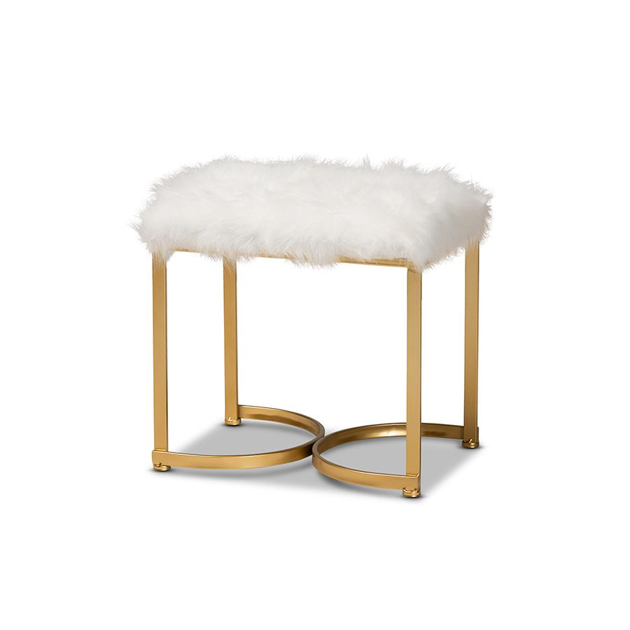 Gwyn Glam White Faux Fur and Gold Finished Metal Ottoman