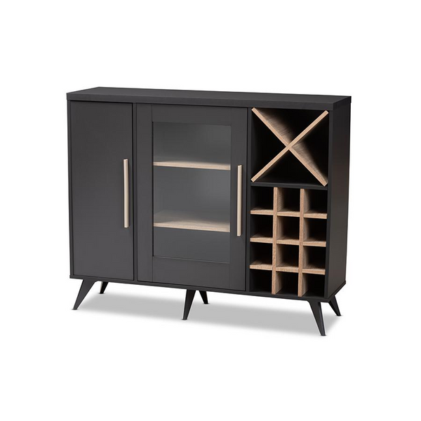 Pietro Mid-Century Modern Dark Grey and Oak Finished Wine Cabinet