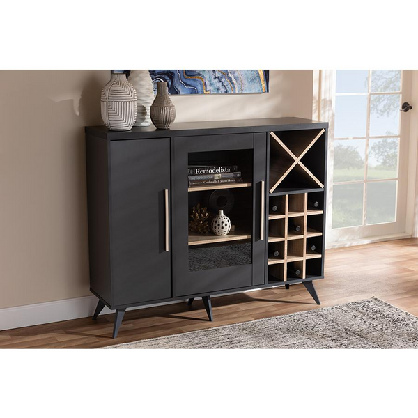 Pietro Mid-Century Modern Dark Grey and Oak Finished Wine Cabinet