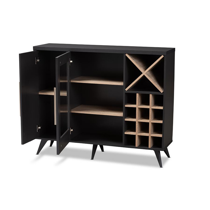 Pietro Mid-Century Modern Dark Grey and Oak Finished Wine Cabinet