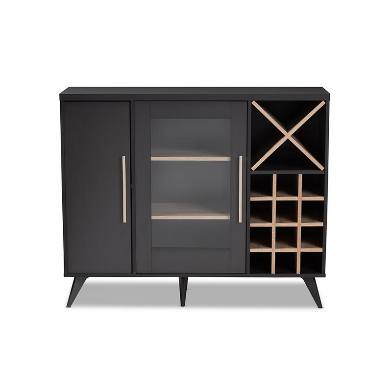 Pietro Mid-Century Modern Dark Grey and Oak Finished Wine Cabinet
