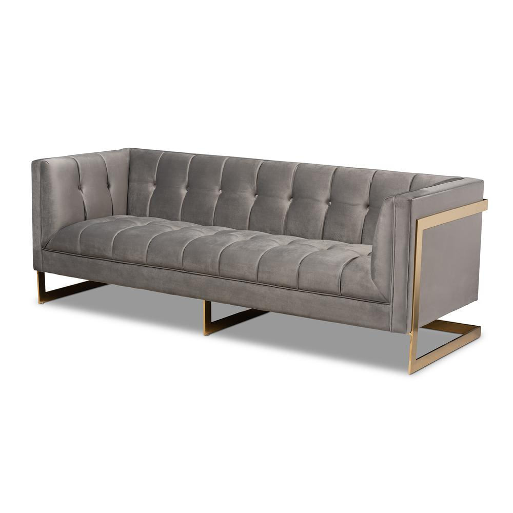 Ambra Luxe Grey Velvet Button Tufted Sofa with Gold-Tone Frame