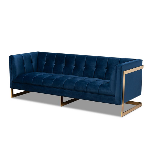 Ambra Glam Royal Blue Velvet Button Tufted Sofa with Gold-Tone Frame