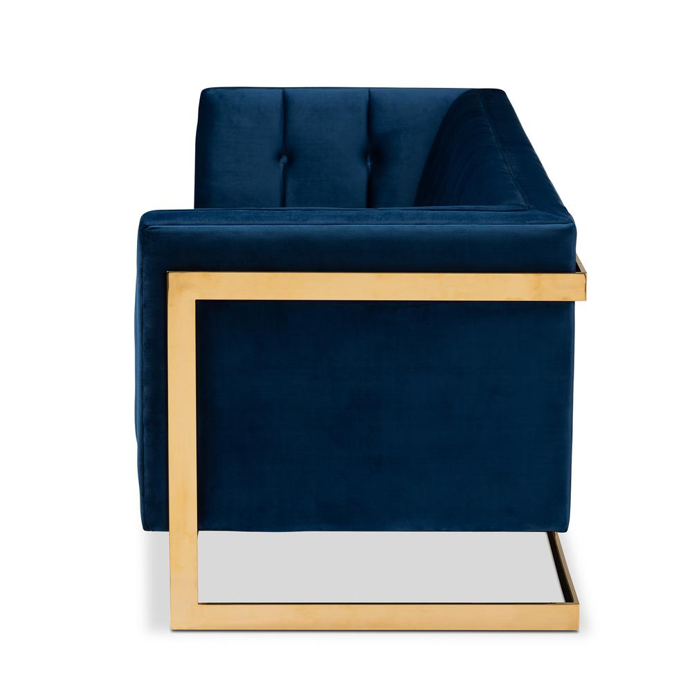 Ambra Glam Royal Blue Velvet Fabric Upholstered and Button Tufted Sofa with Gold-Tone Frame
