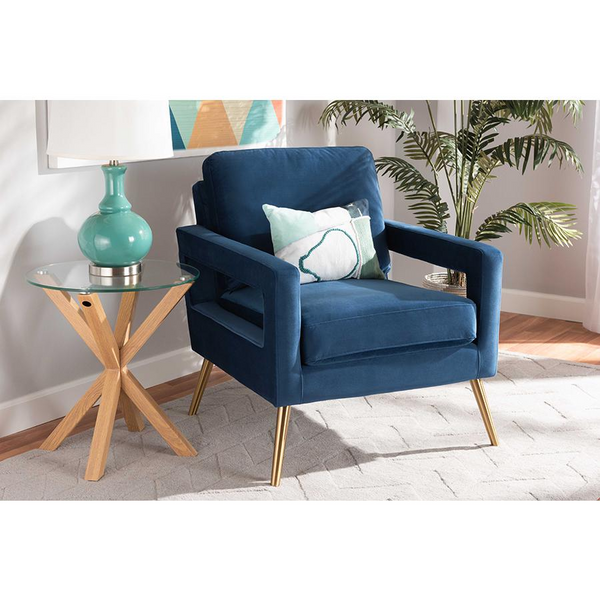Baxton Studio Leland Glam and Luxe Navy Blue Velvet Fabric Upholstered and Gold Finished Armchair