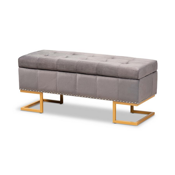 Ellery Luxe Grey Velvet Gold Finished Metal Storage Ottoman