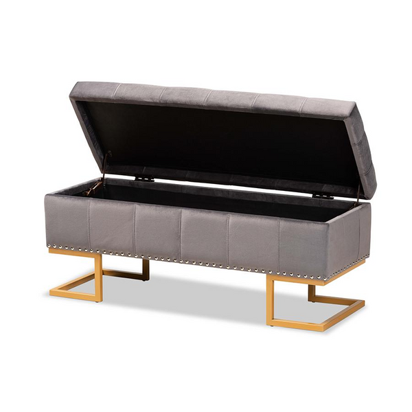 Ellery Luxe Grey Velvet Gold Finished Metal Storage Ottoman