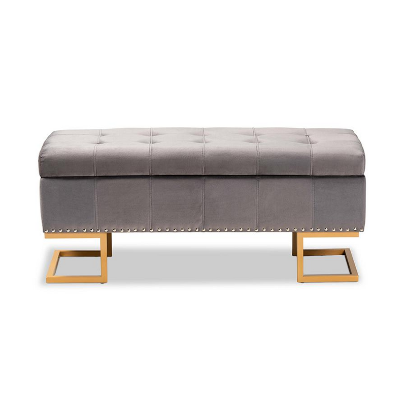 Ellery Luxe Grey Velvet Gold Finished Metal Storage Ottoman