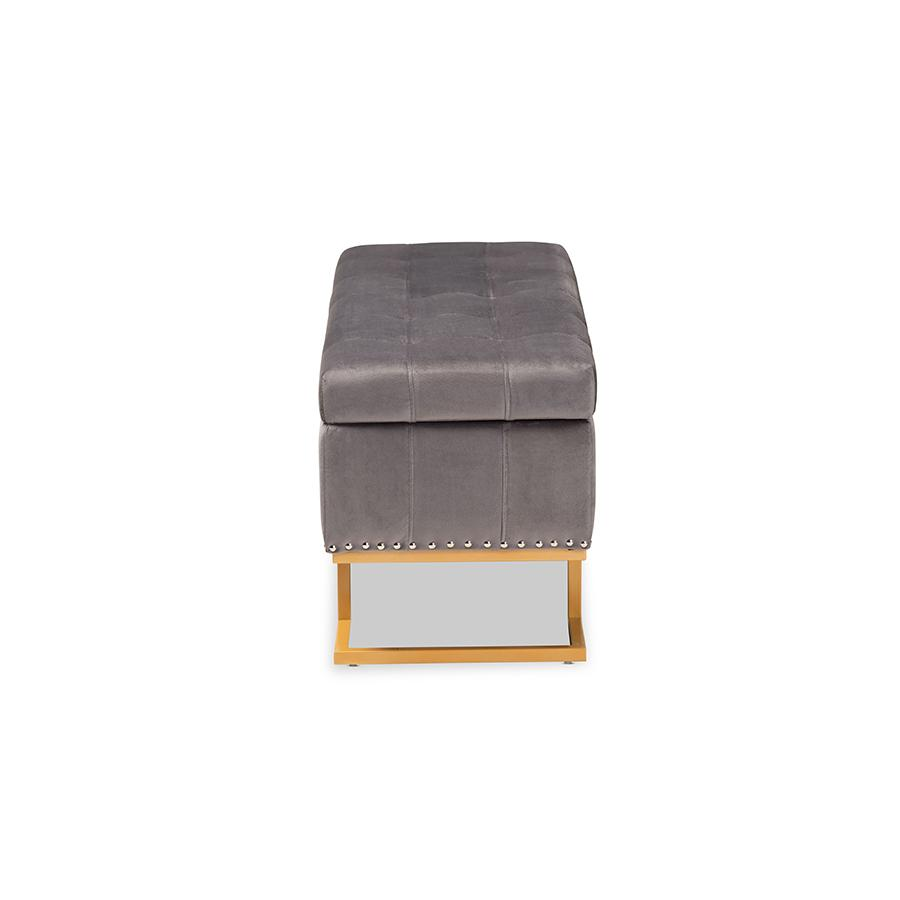 Ellery Luxe Grey Velvet Gold Finished Metal Storage Ottoman